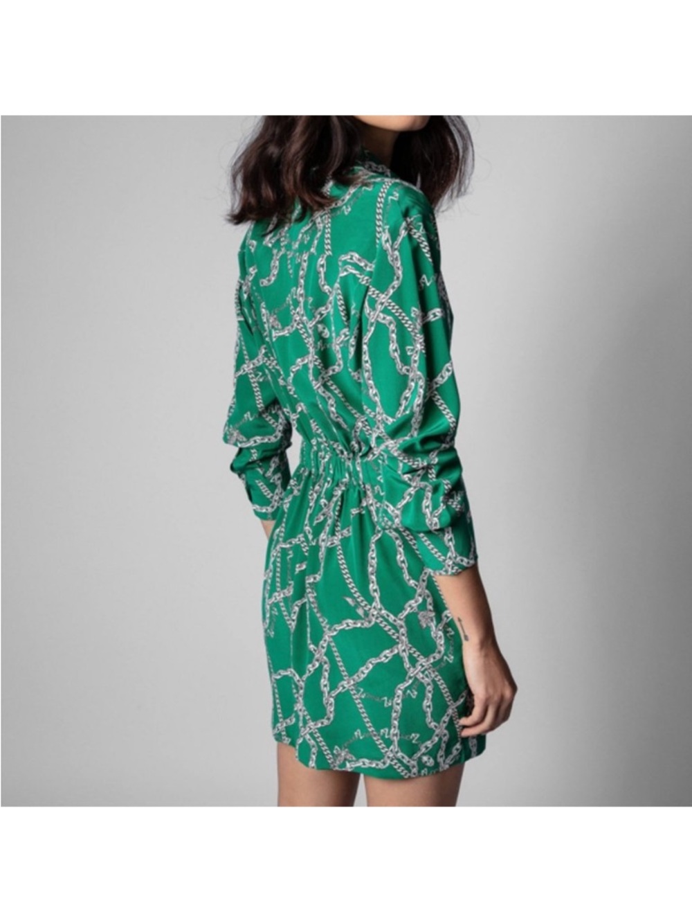 Zadig & Voltaire Ravy Chain Print 100% Silk 3/4 Sleeves Mini Dress Green Small - Picture 2 of 10